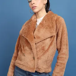 Tokyo Talkies Brown Lapel Collar Open Front Jacket With Faur Fux Trim Detail-48