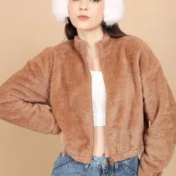 Tokyo Talkies Brown Self Design Mock Collar Crop Tailored Jacket-picture-25