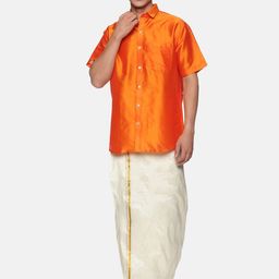 Sethukrishna Men Orange & White Shirt with Zari Dhoti-picture-12