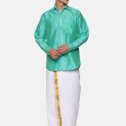 Sethukrishna Men Fluorescent Green & White Shirt with Dhoti with Angavastram Set-picture-2