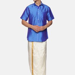 Sethukrishna Men Blue & White Shirt with Dhoti Set-picture-14