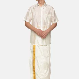 Sethukrishna Men Cream-Coloured & Off White Shirt Dhoti with Angavastram Set-picture-23