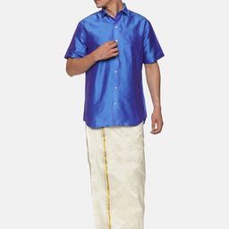 Sethukrishna Men Blue & White Solid Shirt with Dhoti-picture-11