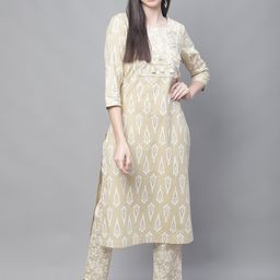 Cantabil Ethnic Motifs Printed Mirror Work Pure Cotton Kurta with Trousers-55