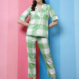 Athena Green & White Checked Lapel Collar Top With Trousers Co-Ords-14