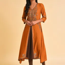 W Rust & Brown Ethnic Motifs Printed Sequined Layered A-Line Kurta-13