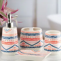 Kookee White & Red 4 Pieces Abstract Printed Ceramic Bath Accessories Set image 1