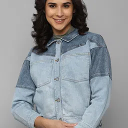 Allen Solly Woman Colourblocked Crop Open Front Denim Shrug-image-33