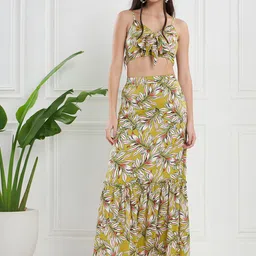 KASSUALLY Green Floral Printed Front Knotting Top With Long Skirt-29