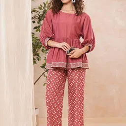 Globus Round Neck Peplum Tunic With Printed Trousers Co-Ords-picture-24