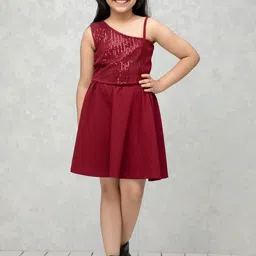 NEUDIS Teens Girls Embellished Asymmetric Neckline Top with Skirt-image-96