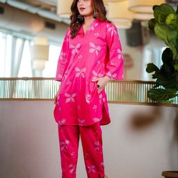 DIMPLE DESIGN STUDIO V-Neck Printed Pure Cotton Top With Trousers-image-49