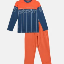 Sweet Dreams Boys Navy Blue & Orange Typography Printed Pure Cotton Night Suit-image-20