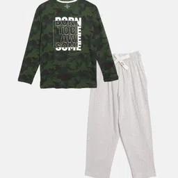 Sweet Dreams Boys Olive Green & Grey Typography Printed Pure Cotton Night Suit-image-79