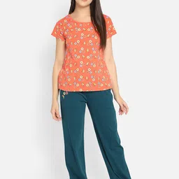 Clovia Women Orange & Teal Blue Printed Night suit-image-12