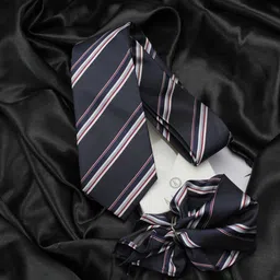 KOVOVE Men Navy Blue & White Pack of 2 Striped Tie & Pocket Square Set-image-87