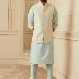Tasva Men Blue Pure Silk Kurta with Churidar & Embroidered Nehru Jacket-32