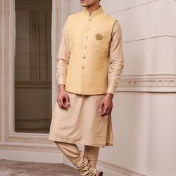Tasva Men Gold-Toned Layered Pure Raw Silk Embroidered Kurta Bundi Set-picture-1