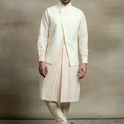 Tasva Men Cream-Coloured Layered Pure Cotton Kurta Set with Churidar & Khadi Jacket-picture-48