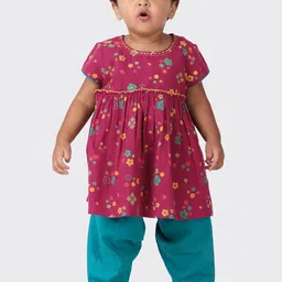 Fabindia Girls Magenta Floral Printed Pure Cotton Kurta Set-picture-41