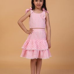 Lil Peacock Girls Checked Pure Cotton Crop Top with Skirt-image-21