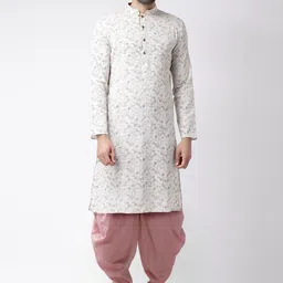 KISAH Men White Ethnic Motifs Printed Kurta with Dhoti Pants-54