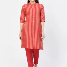 Vastraa Fusion Striped Mandarin Collar Pure Cotton Kurta With Trousers-73
