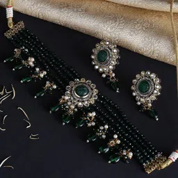 justpeachy Women Green Gold-Plated Jadau Artificial Stone Studded Jewellery Set-36