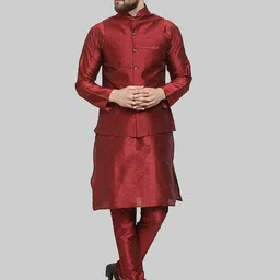 ROYAL KURTA Men Maroon Kurta with Churidar And Nehru Jacket-picture-4