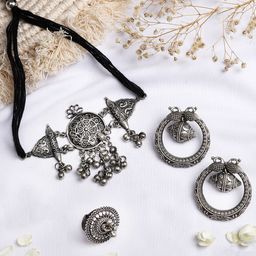 TEEJH Silver-Plated Oxidised Jewellery Set-picture-19