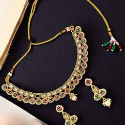 FEMMIBELLA Gold-Plated Kundan-Studded & Beaded Jaipuri Meenakari Jewellery Set-20