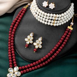 Peora Set Of 2 Gold-Plated Crystal-Studded & Beads Beaded Necklace With Earrings-image-73