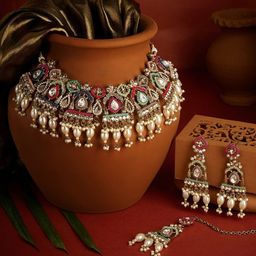 Zaveri Pearls Gold Plated Stones Studded & Beaded Jewellery Set-48