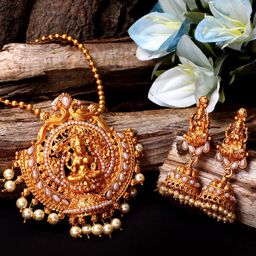 ANIKAS CREATION Gold-Plated White Beaded Temple Jewellery Set-image-32