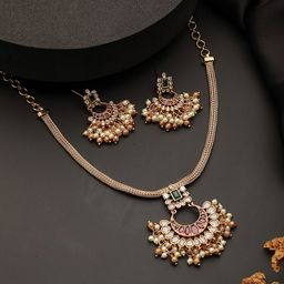 Saraf RS Jewellery 22K Gold-Plated American Diamond-Studded & Beaded Necklace & Earrings-image-6