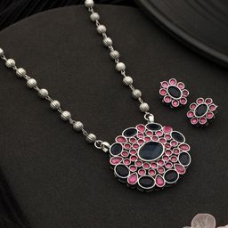 Saraf RS Jewellery Silver-Plated Oxidised CZ-Studded  Necklace & Earrings Set-35