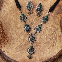 VENI Oxidised Silver-Plated & Green Stone-Studded Jewellery Set-image-94