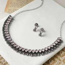 TEEJH Pink Blossom Stone-Studded Oxidised Jewellery Set-31