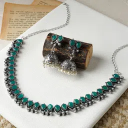 TEEJH Classic Green and Ivory Stone-Studded & Beaded Oxidised Jewellery Set-4