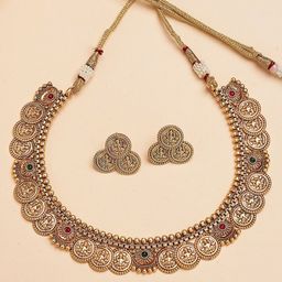 KARATCART Gold-Plated Kundan-Studded Laxmi Mata Engraved Coin Design Necklace and Earrings-12