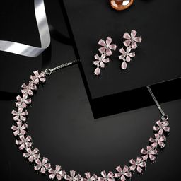 ZENEME Rhodium-Plated Pink AD-Studded Jewellery Set-26
