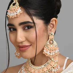 Fida Gold-Plated Peach-Coloured Kundan Studded Jewellery Set-54