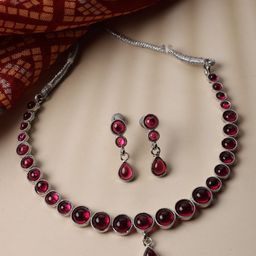 ZENEME Oxidised Rhodium-Plated American Diamond-Studded Jewellery Set-image-10
