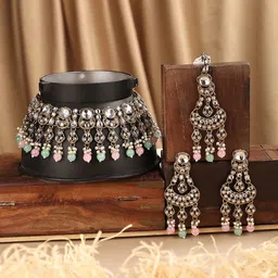 ANIKAS CREATION Gold-Plated CZ Studded Necklace & Earrings With Maang Tika-image-15