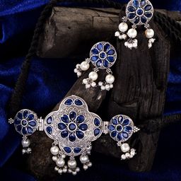 Saraf RS Jewellery Silver-Plated & Blue Stone-Studded Jewellery Set-image-79