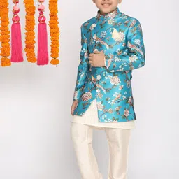 VASTRAMAY Boys Turquoise Blue & Beige Printed Sherwani Set-picture-23