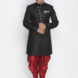VASTRAMAY Mandarin Collar Jute Cotton Slim-Fit IndoWestern Sherwani Set-picture-36