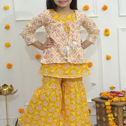 Ka-mee Girls Yellow Floral Printed Regular Pure Cotton Kurti With Sharara  with Jacket-image-72