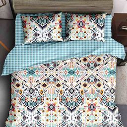 Story@home Boho White & Blue Printed 240 TC Double Queen Bedsheet With 2 Pillow Covers-picture-3