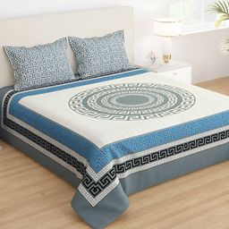 Story@home Cream-Coloured & Grey Ethnic Motifs 210 TC Queen Bedsheet with 2 Pillow Covers-7